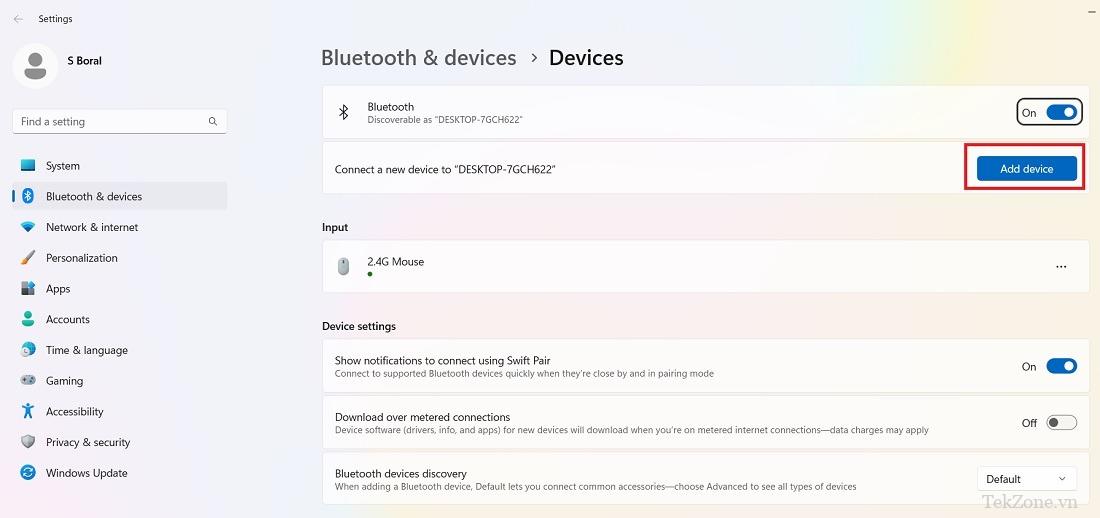 Thêm thiết bị trong "Bluetooth & devices" trong Windows 11.