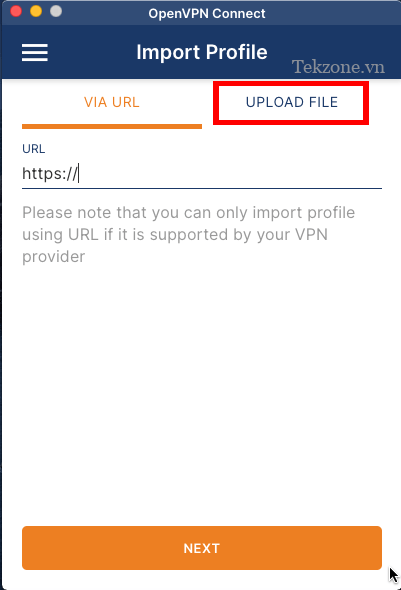 Ảnh chụp màn hình làm nổi bật tab Tệp tải lên cho ứng dụng khách OpenVPN.