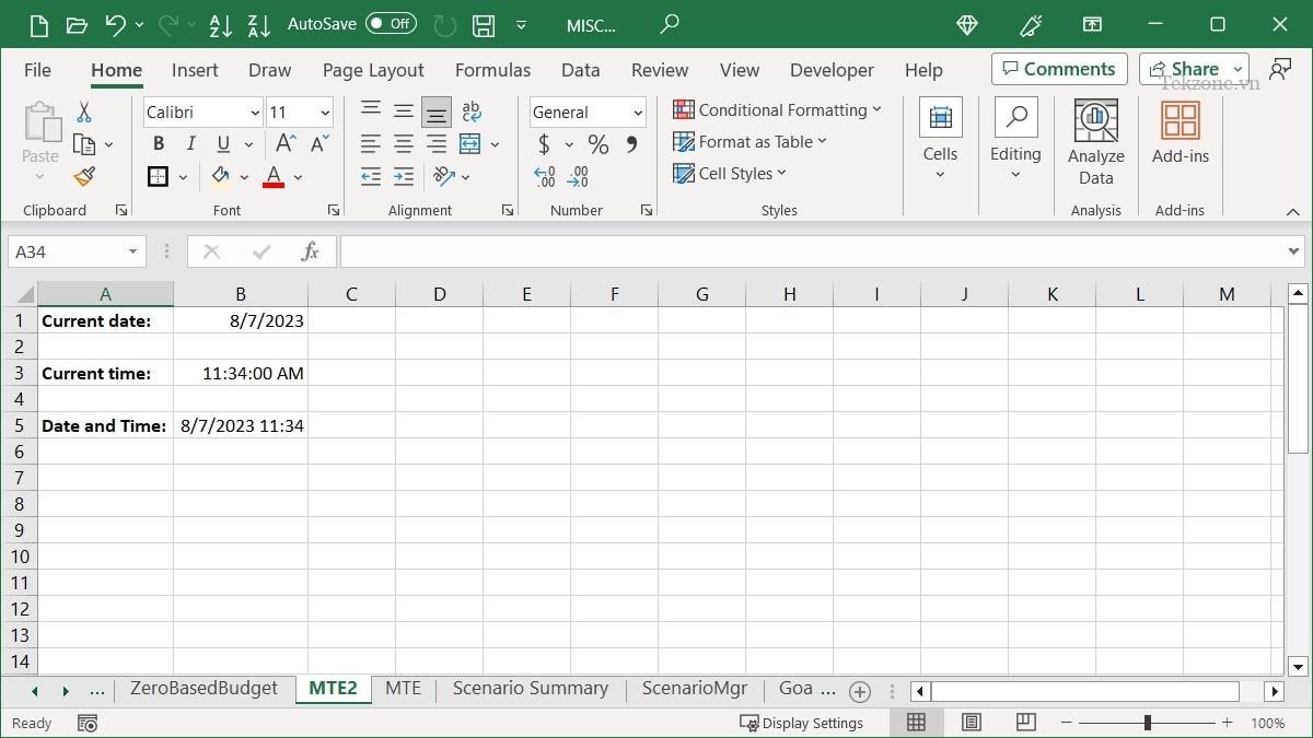 Ngày và giờ hiện tại trong Excel