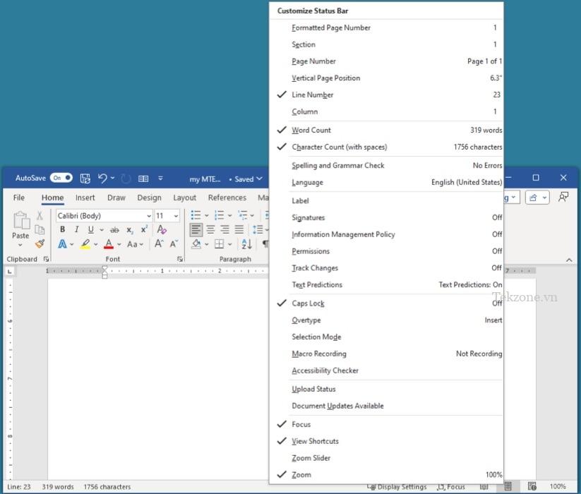 Tùy chọn thanh trạng thái trong Word