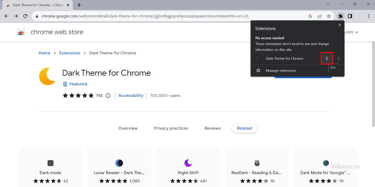 Cách ghim tiện ích mở rộng trong Google Chrome.