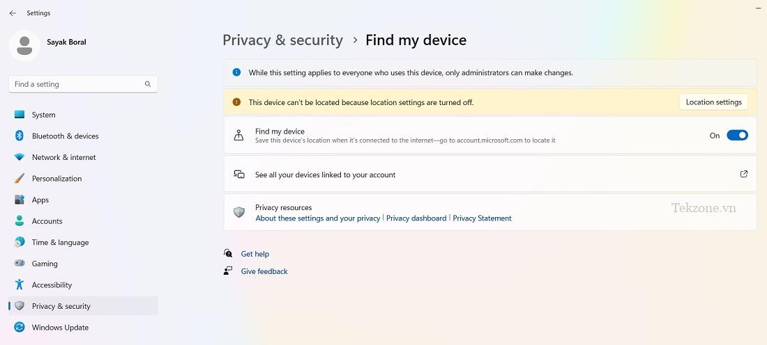 FindMyDevice bị vô hiệu hóa trong Windows 11 do thiếu quyền truy cập vị trí.