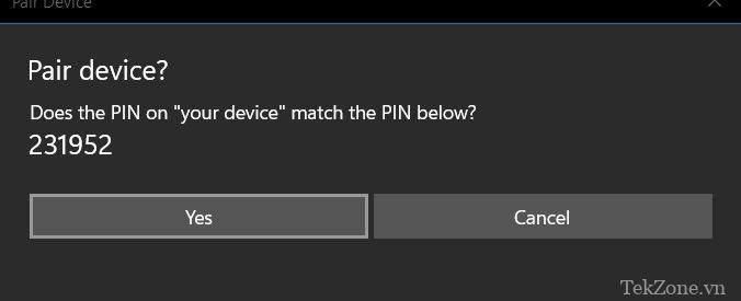 Khớp mã PIN điện thoại để kết nối máy tính xách tay Windows với điện thoại thông minh qua Bluetooth.