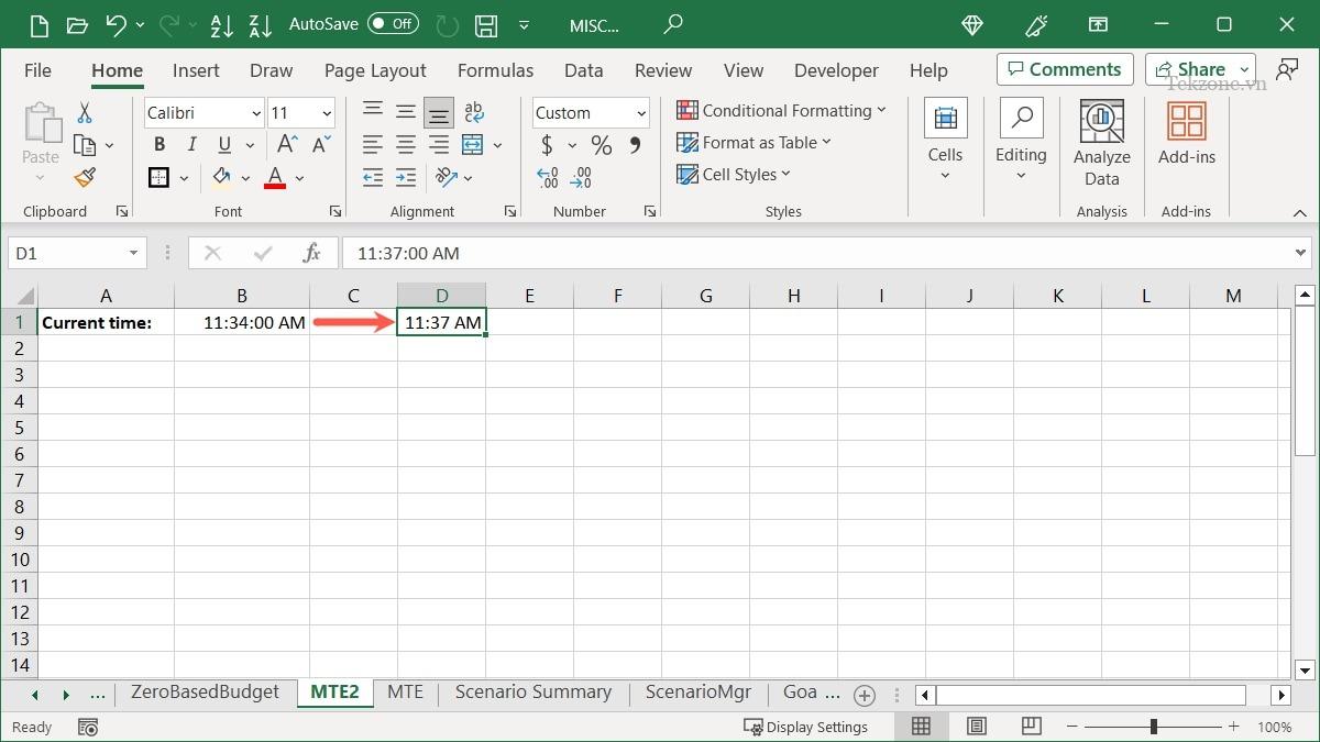 Thời gian hiện tại được định dạng trong Excel