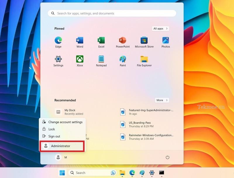 Truy cập tài khoản Quản trị viên cấp cao từ menu Bắt đầu bằng cách nhấp vào tài khoản người dùng.