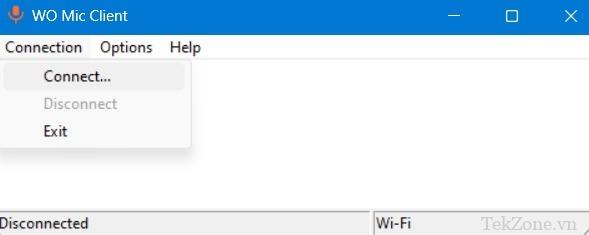 Nhấp vào "Kết nối" từ menu Kết nối của ứng dụng khách WO Mic trong Windows.