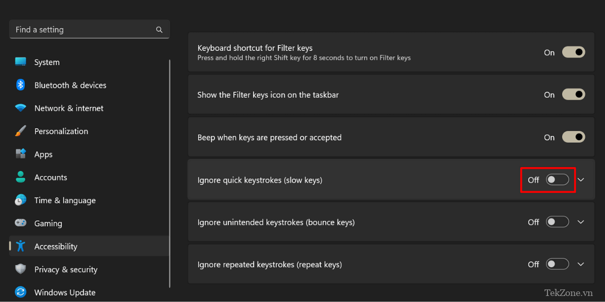 Tắt tính năng SlowKeys trong Windows 11.