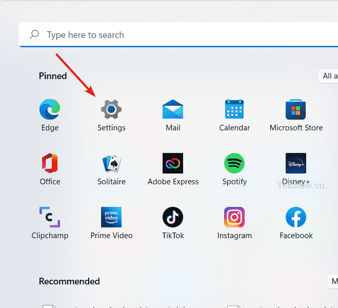 Mở Cài đặt từ phần được ghim của menu Bắt đầu.
