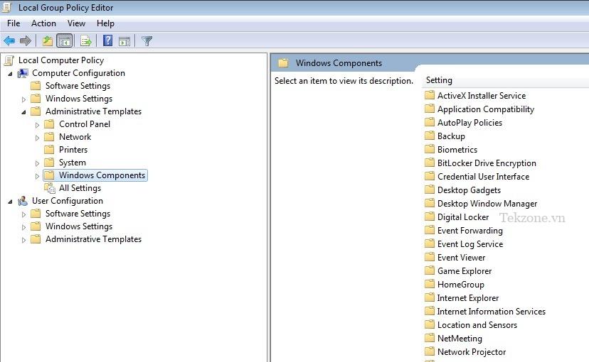 Chọn "Cấu phần Windows" trong "Mẫu quản trị" trong Trình chỉnh sửa chính sách nhóm cục bộ.
