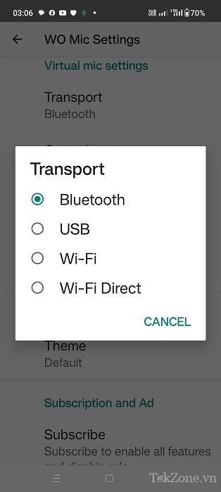 Bluetooth được chọn làm chế độ truyền tải trong ứng dụng Android của WO Mic.