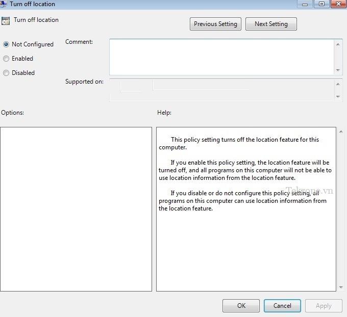 Đã tắt vị trí trong Trình chỉnh sửa chính sách nhóm cục bộ như một phần của cài đặt Không được định cấu hình.