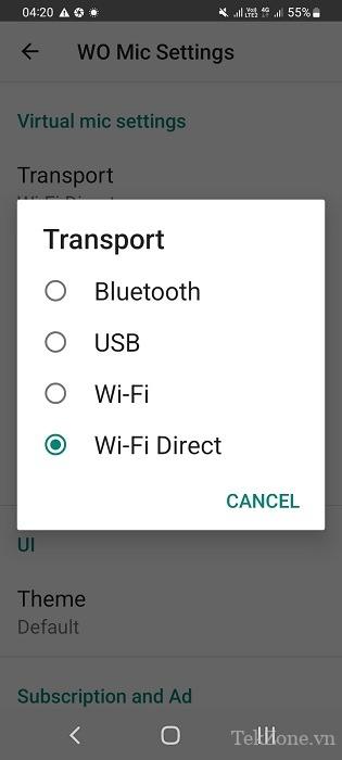 Wi-Fi Direct làm chế độ truyền tải trong ứng dụng WO Mic Android.