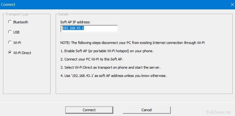 Wi-Fi Direct được chọn làm chế độ truyền tải trong WO Mic Client trong Windows.