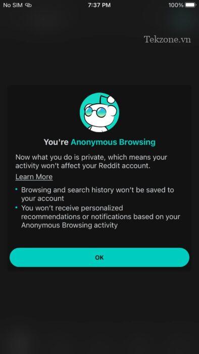Lời nhắc trong ứng dụng Reddit thông báo cho người dùng rằng họ ẩn danh tối thiểu