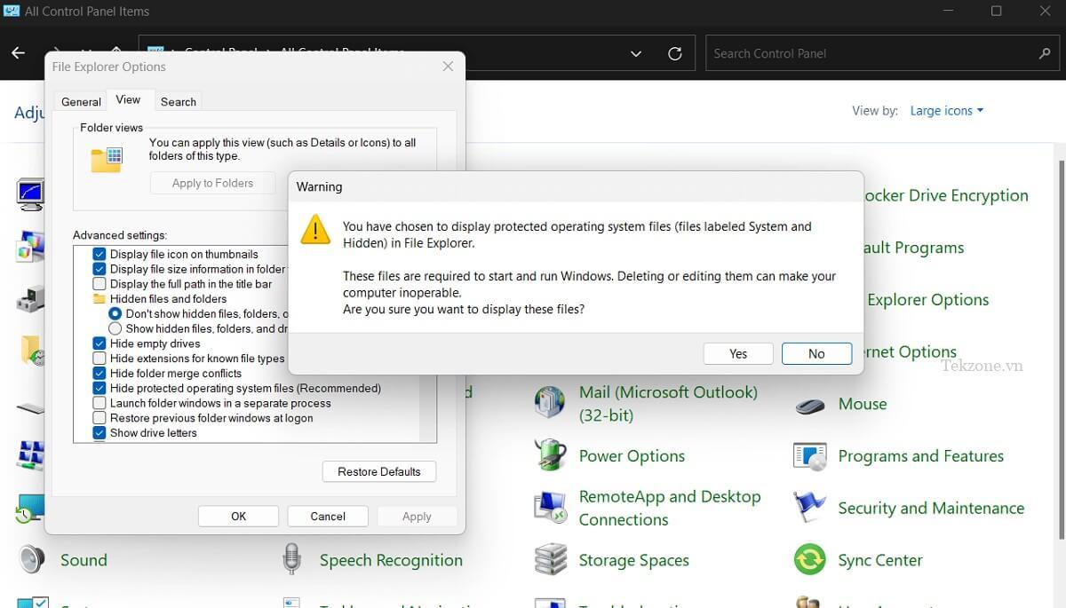Cửa sổ bật lên hiển thị sau khi bật các tệp và thư mục ẩn qua Bảng điều khiển.