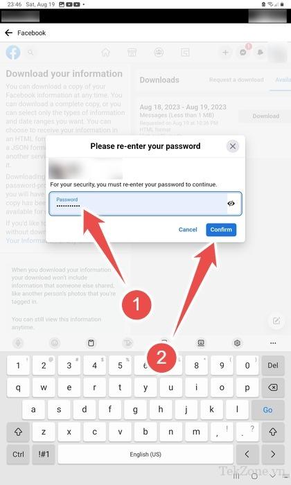 Nhập lại mật khẩu khi tải xuống thông tin hồ sơ trong ứng dụng Facebook Android