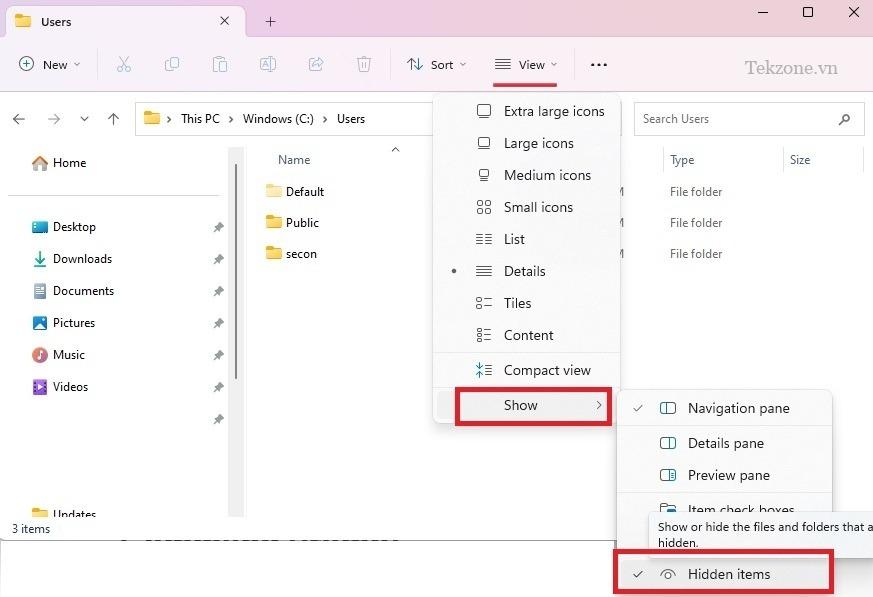 Truy cập menu "Xem" trong File Explorer để hiển thị các tệp ẩn.