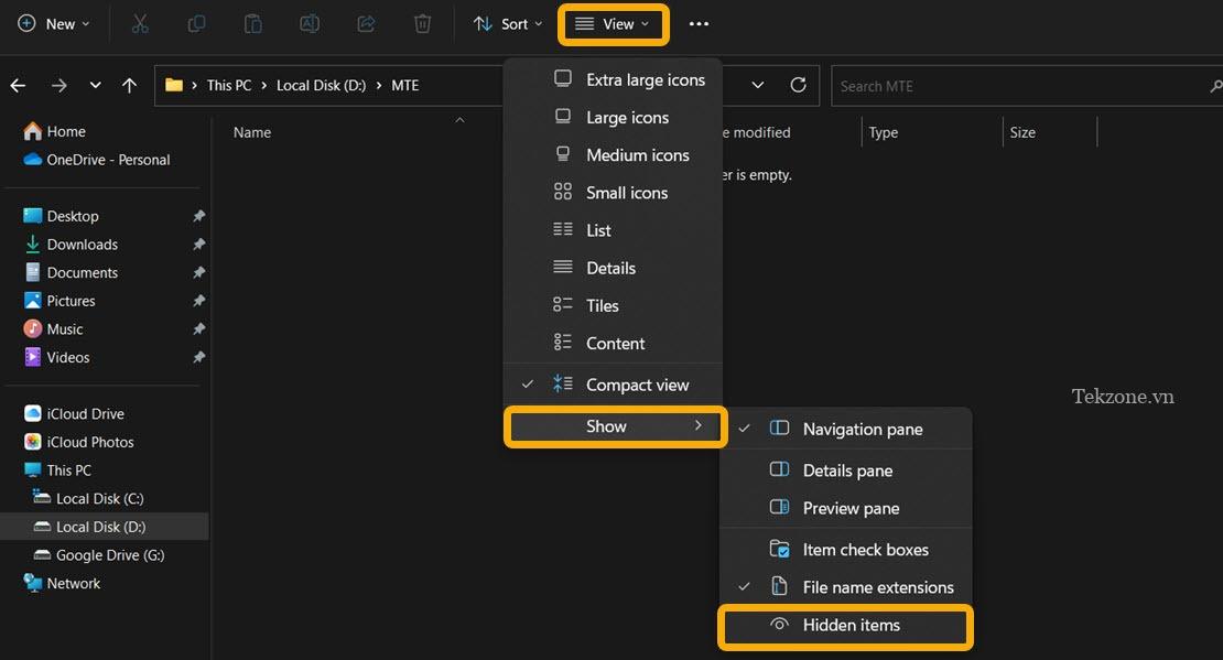 Nhấp vào "Xem" trong File Explorer để hiển thị tùy chọn "Các mục ẩn".