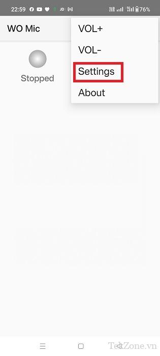 Chọn cài đặt WO Mic từ menu trên cùng của ứng dụng trên Android.