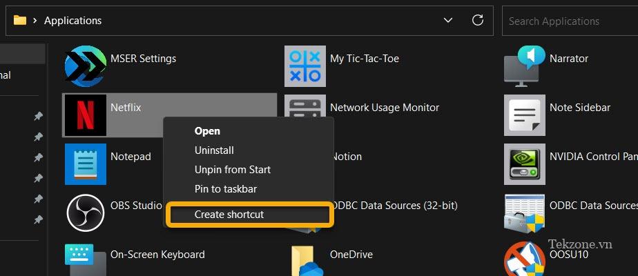 Nhấp vào tùy chọn "Tạo lối tắt" từ menu ngữ cảnh cho ứng dụng Microsoft.