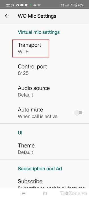 Nhấp vào Truyền tải trong cài đặt Mic ảo của WO Mic trong Android.