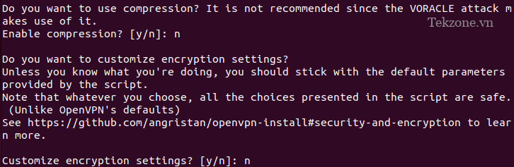 Một thiết bị đầu cuối hiển thị lời nhắc yêu cầu các tính năng bổ sung trong máy chủ OpenVPN.