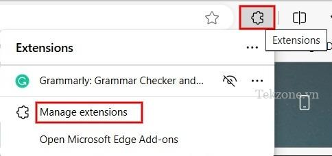 Nhấp vào biểu tượng hình mảnh ghép và chọn "Quản lý tiện ích mở rộng".