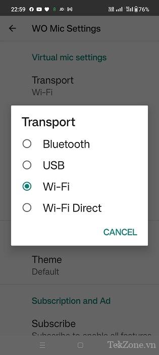 Có thể xem được nhiều cơ chế truyền tải khác nhau trong ứng dụng WO Mic bao gồm USB, Wi-Fi, Wi-Fi Direct và Bluetooth.