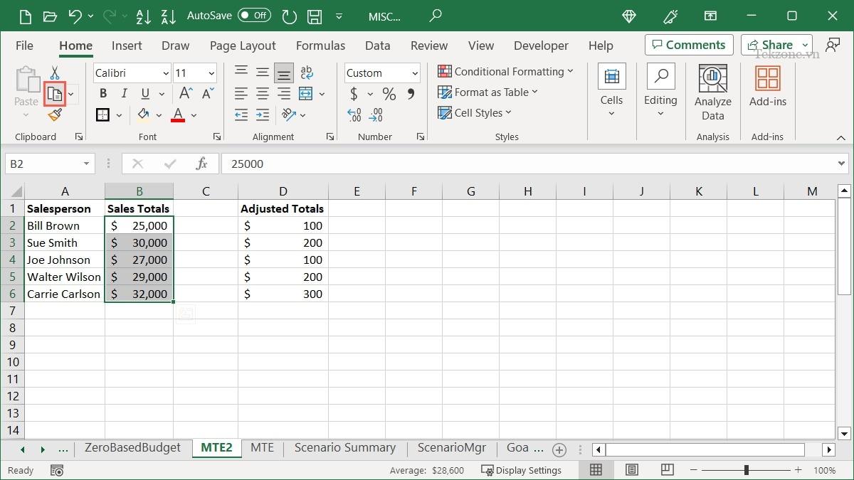 Các giá trị được sao chép trong Excel