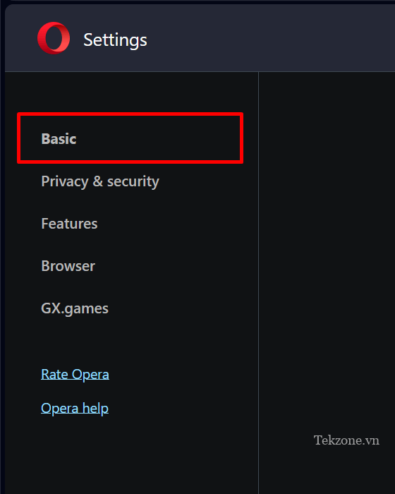 Phần Cơ bản trong Cài đặt của Trình duyệt Opera.