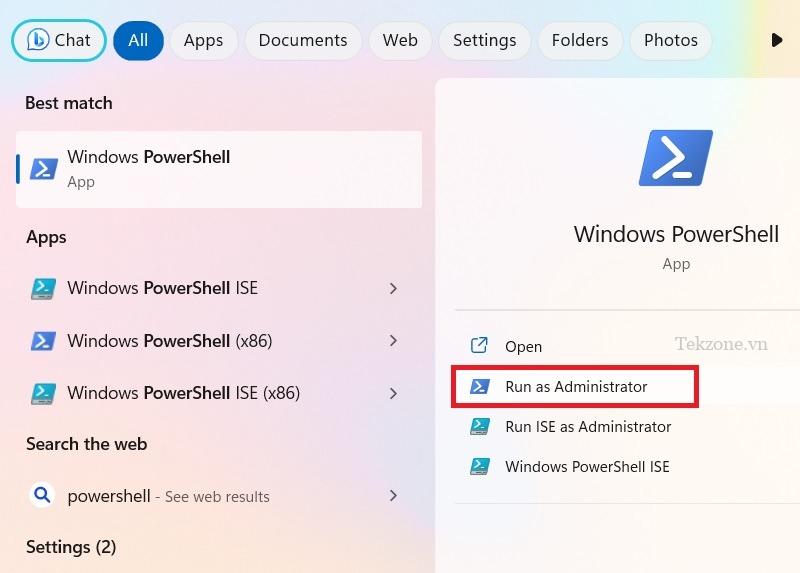 Chạy PowerShell với tư cách quản trị viên trong Windows 11 từ hộp tìm kiếm.