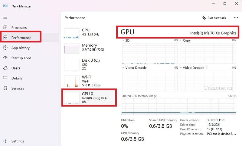 Kiểm tra chi tiết GPU thông qua Trình quản lý tác vụ.