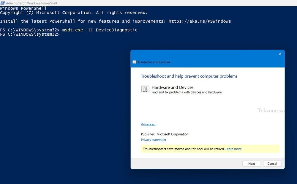 Trình gỡ rối phần cứng và thiết bị chạy bên trong Windows PowerShell.