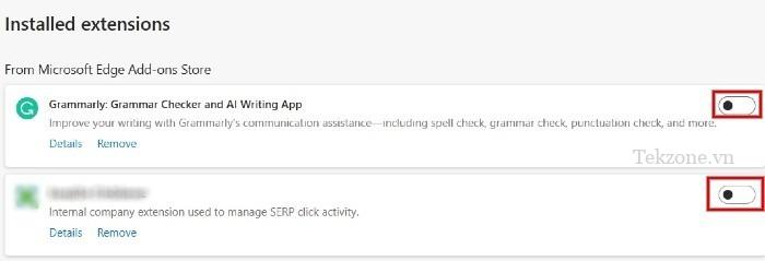 Chuyển đổi các tiện ích mở rộng sang trái để tắt chúng trong trình duyệt Microsoft Edge.