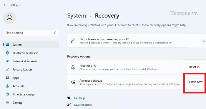 Nhấp vào "Khởi động lại ngay bây giờ" trong Khởi động nâng cao trong Recovery.