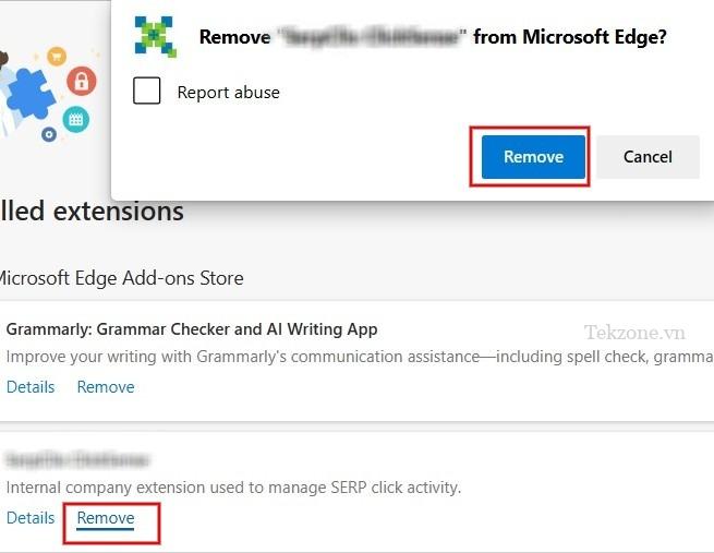 Nhấp vào nút "Xóa" để xóa tiện ích mở rộng khỏi trình duyệt Edge.
