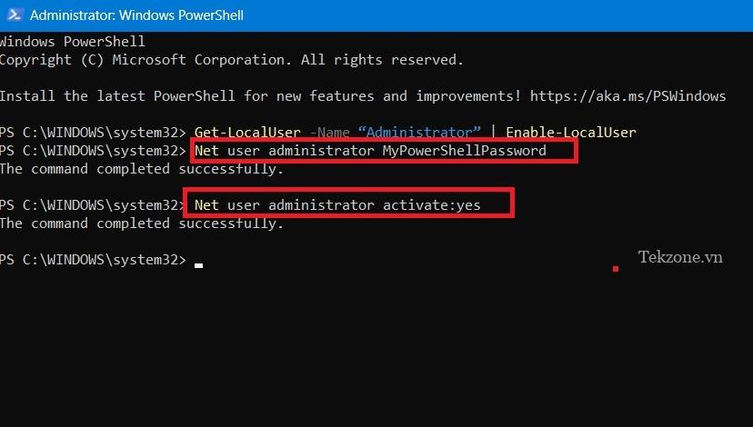 Đặt mật khẩu và kích hoạt tài khoản bằng PowerShell cho tài khoản quản trị viên cấp cao.