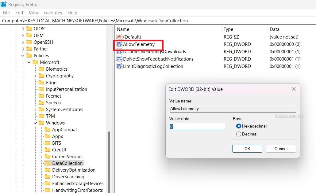 Giá trị "AllowTelemetry" được đặt ở mặc định là "0" trong khóa "DataCollection" trong Registry Editor.