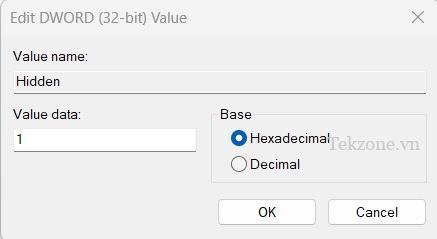 Đặt giá trị mới cho khóa để hiển thị các tệp ẩn qua Registry Editor.