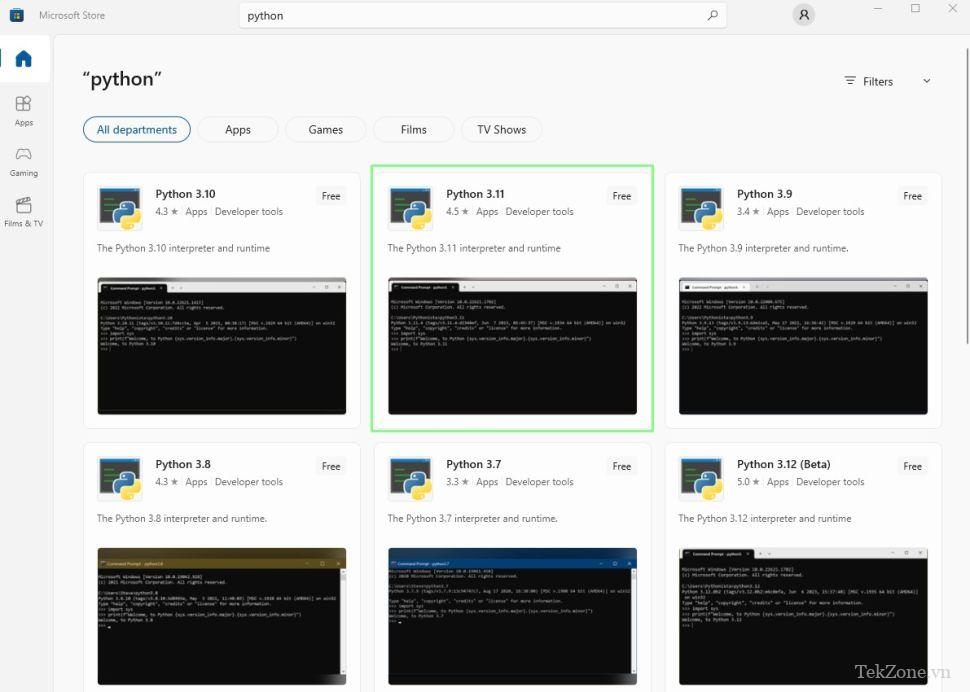 Tìm kiếm Python trong Microsoft Store