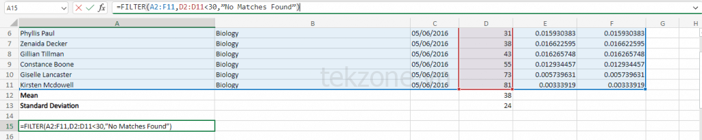 Bảng tính Excel với dữ liệu mẫu và hàm FILTER