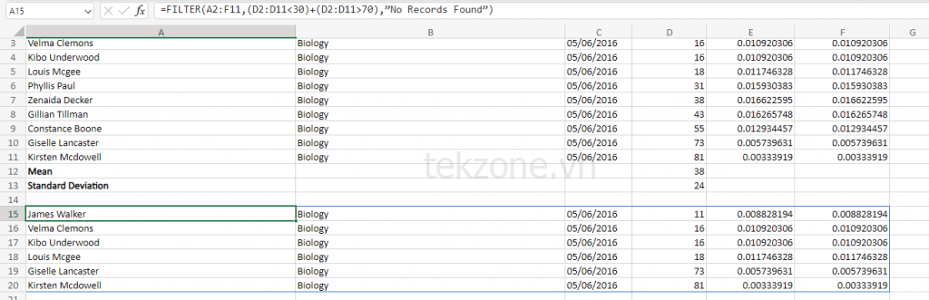 Một ví dụ khác về hàm FILTER trong Excel