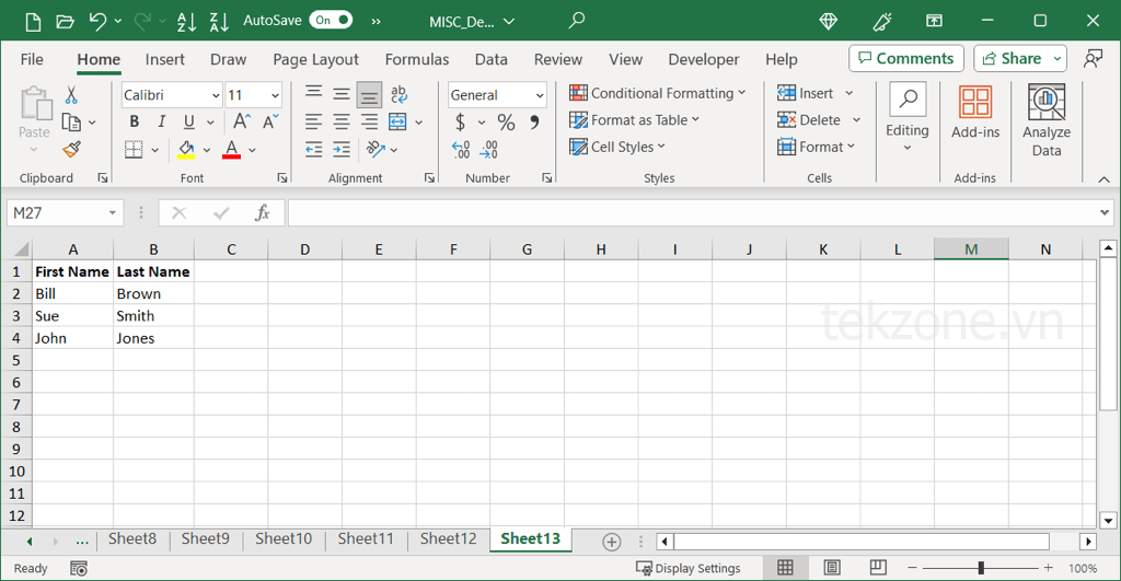 Cột và hàng đầu tiên được hiển thị trong Excel
