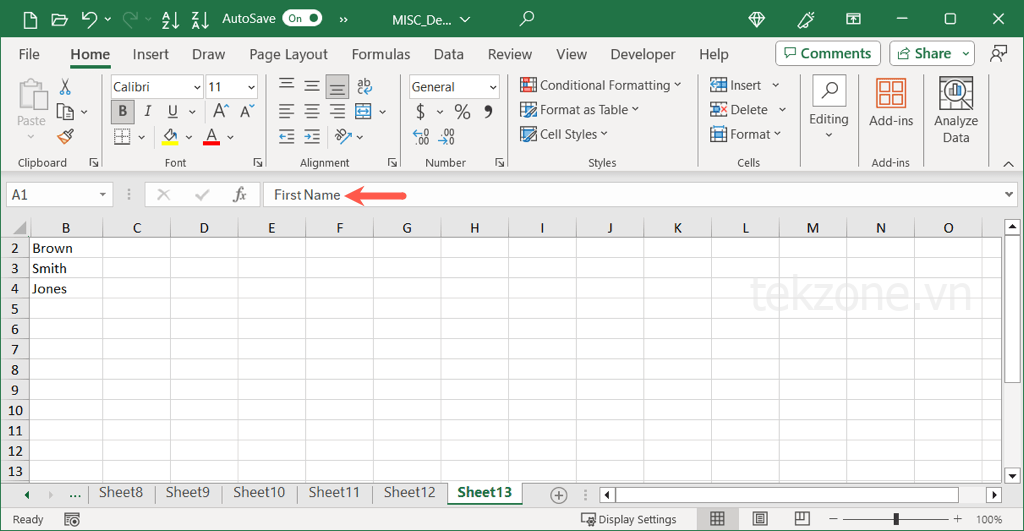 Ô Tên hiển thị A1 trong Excel
